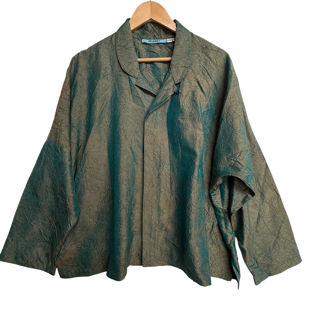 Planet Lauren Grossman 100% Silk Jacket One Size Green Crinkle Oversized USA
